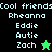 Pixelated text list of names with two star icons on a split black-green background.