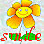 A pixelated flower with a smiling face, orange petals, green leaves, and red text reading "smile" below it. Next to the flower is cursive text "For Jesus" with a yellow-orange cross symbol.