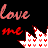 Pixelated text 'love me' in pink and red script above a white star with heart patterns on black background.