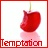 Animated sequence of a red cherry on a stick with pink reflection, surrounded by dotted lines forming shapes below the text "Temptation".
