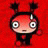 Pixelated character with large eyes and antennae on red background, next to black with white text