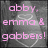 A four- displays pink text over a grayscale background with heart outlines, reading 'abby. emma & gabbers! best friends for eternity! <3'
