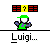 Pixel art animation of Luigi in green cap and shirt, white face, purple sleeves, performing actions with red brick blocks and green pipes against gray background.