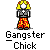 Animated contact sheet of a pixel art character labeled "Gangster Chick" with 14 frames showing different poses and weapon holds against a gray background.