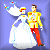 Pixelated static image of two cartoon characters in formal attire against a blue background, with one character holding a wand-like object.