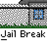 Animated contact sheet showing sequential frames of a pixel-art jailbreak scene with stick figures and prison structures.