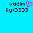Pixelated text and symbols on a bright cyan background, with one version featuring a pink heart symbol replacing the 'o' in 'vadim'.