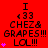 Red background with repeated black text "I <33 CHEZ& GRAPES!!! LOL!!!" and pink star symbols in a