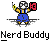A pixelated cartoon character in blue overalls and yellow sleeves holding a red block with 'HQ' on it, displayed twice in a contact sheet layout with text promoting 'badassbuddy.com'.