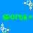 Blue background with green pixelated text and white geometric shapes in motion.