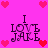 Pixelated pink background with red hearts and text reading "I LOVE JAKE" in dark purple letters.