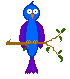 Pixel art bird with blue body, purple wings and tail perched on brown branch with green leaves; one frame shows open beak and musical note.
