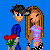 Pixelated cartoon couple with boy holding red roses, girl in pink top and black-and-white shorts, standing beneath 'Love You!' text on blue background.