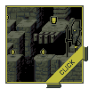 Pixel art scene of a stone castle with multiple yellow lanterns, dark openings, and a diagonal 'CLICK' banner in the lower right.