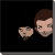 Pixelated character head transitions from partial view to full face with red cap, then shifts to side profile holding golden mask against black background.