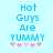 Pixelated text 'Hot Guys Are YUMMY' in light blue on light blue background with pink and light pink heart symbols below.