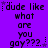 Purple background with repeated pixelated text 'dude like what are you gay???' in black, each line flanked by small purple stars.