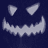 Pixelated white jack-o'-lantern face with triangular eyes and jagged mouth on dark blue background, displayed in a