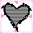 A contact sheet of seven pixel-art heart icons with black outlines and various internal patterns, arranged in a 3x3 grid on a pink dotted background with small hearts, one icon containing repeated text.