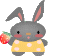 Pixel art contact sheet of two animated frames showing a gray bunny in yellow polka-dot dress holding different objects against gray background