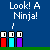 Pixel art animation showing a ninja character in red, cyan, and purple segments moving across a blue background with text overlays.
