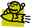 Animated contact sheet of four frames showing a yellow stick figure riding a rocket with motion lines, each frame displaying slight variations in pose and expression against a gray background.