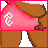 Pixel art of a woman with dark skin, black hair in a high ponytail with pink hair clip, wearing pink and white tops with red 'C' symbols, showing facial expressions and text