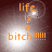 Four- of orange text 'life is a bitch!!!!!!' on dark brown background with white light effects, each showing identical text but varying light positions