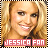 Pixelated static image of a smiling woman with long blonde hair, framed by a striped border and pink text banner at the bottom reading "JESSICA FAN".