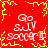 Red background with yellow pixelated border, four identical white text blocks reading "Go S.JV soccer!!" arranged in a