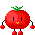 A 4x4 contact sheet of pixel art tomato characters in various poses and expressions with yellow mouth lines, green stems, red bodies, black limbs, and gray background transparency.