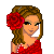 Pixel art buddy icon featuring a woman in red attire with a rose accessory and text reading "Radiant in Red!" on a black background.
