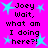 Bright pink background with black pixelated text reading "Joey Wait, what am I doing here?!" surrounded by light blue star shapes.