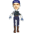 Pixelated character with blue cap, dark green shirt, blue pants, brown boots, and blue gloves against gray background.