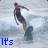 Animated contact sheet of a surfer performing tricks on waves with overlaid blue text forming a phrase across frames.