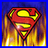 Pixelated red and yellow Superman S-shield logo on a blue border with fiery orange-yellow background, static single-frame image.