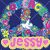 A pixelated icon with a peace sign made of colorful flowers, featuring text elements on yellow banners below the symbol.