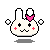 Pixel art bunny head with pink bow, black eyes, red plus cheeks, and white paws on gray background.