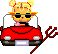 Pixel art of a character with blonde hair in twin buns, wearing yellow sunglasses and driving a red convertible car with visible headlights and license plate.