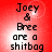 Red background with pixelated text reading "Joey & Bree are a shitbag" in four quadrants, each with a bright white circular glow near the top center.