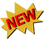 Three animated frames of a yellow starburst-shaped icon with the word "NEW" in different colors (red, blue, pink) on white background.