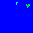 Blue background with cyan 'I' shapes and green pixel clusters forming a heart, scattered dots, and star-like patterns.