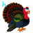 Animated turkey icon with brown feathers, red wattle, green eyes, and orange feet; text "Happy" above and "thanksgiving" below in varying colors.