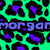 Green and purple leopard print background with repeated blue text 'morgan' in pixelated font.