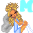 Pixel art animation of a cartoon woman with blonde hair and angel wings in two frames showing color variation on the letter M behind her.