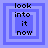 Four blue square with layered borders display the text 'look into it now' in black pixelated font, each showing a different border configuration