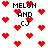 Pixelated red hearts and black text reading 'MELON AND CJ' on a white background, with varying heart positions across frames.
