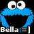 Pixelated blue character with large white eyes and black pupils, open mouth, and white text reading "Bella =]" below.