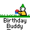 Animated contact sheet of a pixel art birthday buddy character performing various actions with props like gifts, balloons, and cake across multiple frames.