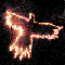 A pixelated figure in a dynamic pose with arms extended, rendered in warm tones against a dark background.